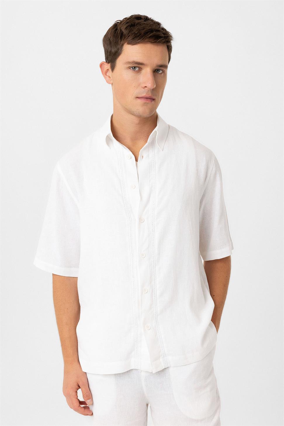 Antioch Beyaz Keten Karışımlı Relaxed Erkek Gömlek