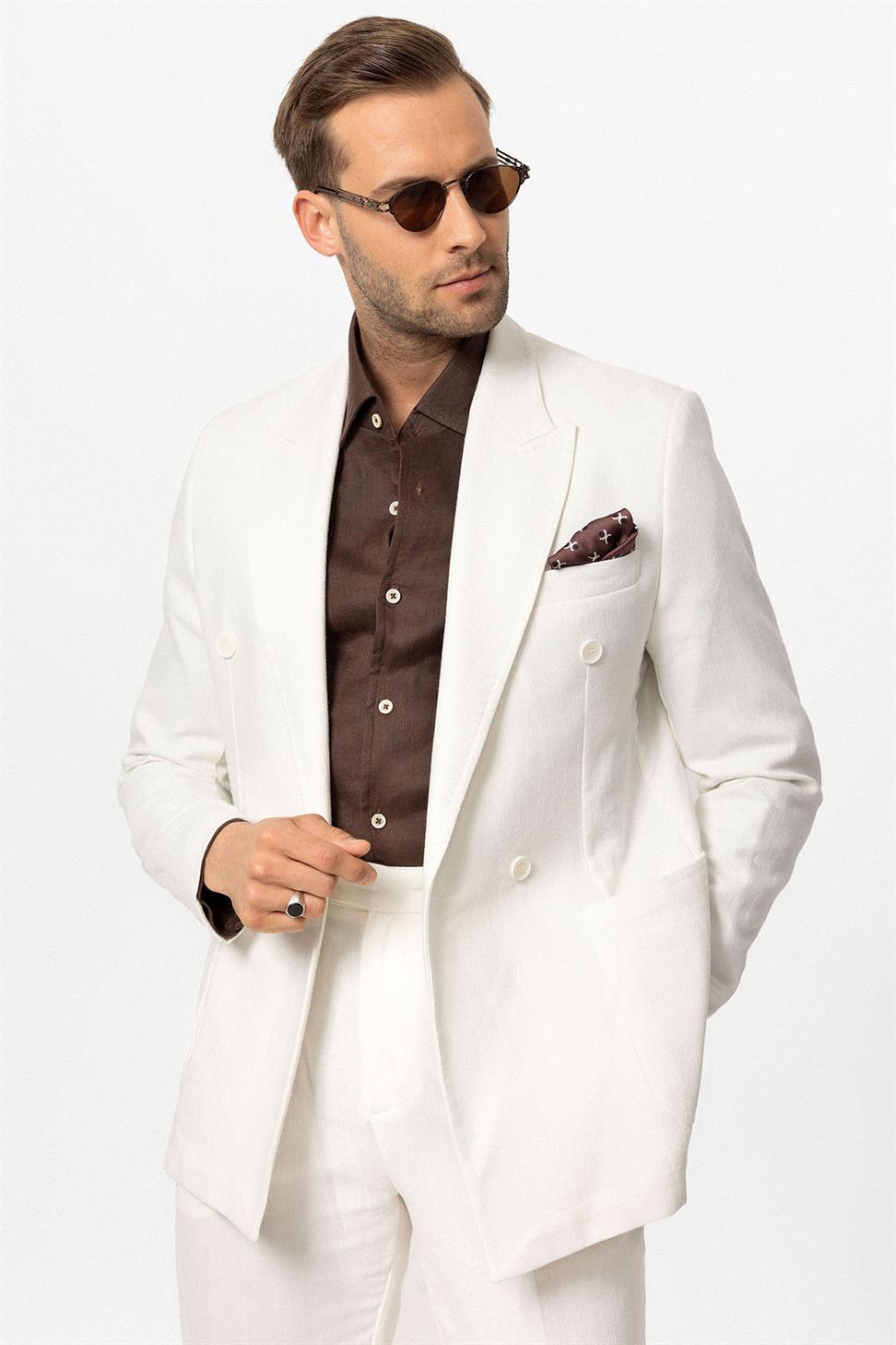 Double-breasted Closure Linen Blend Mens Blazer Jacket