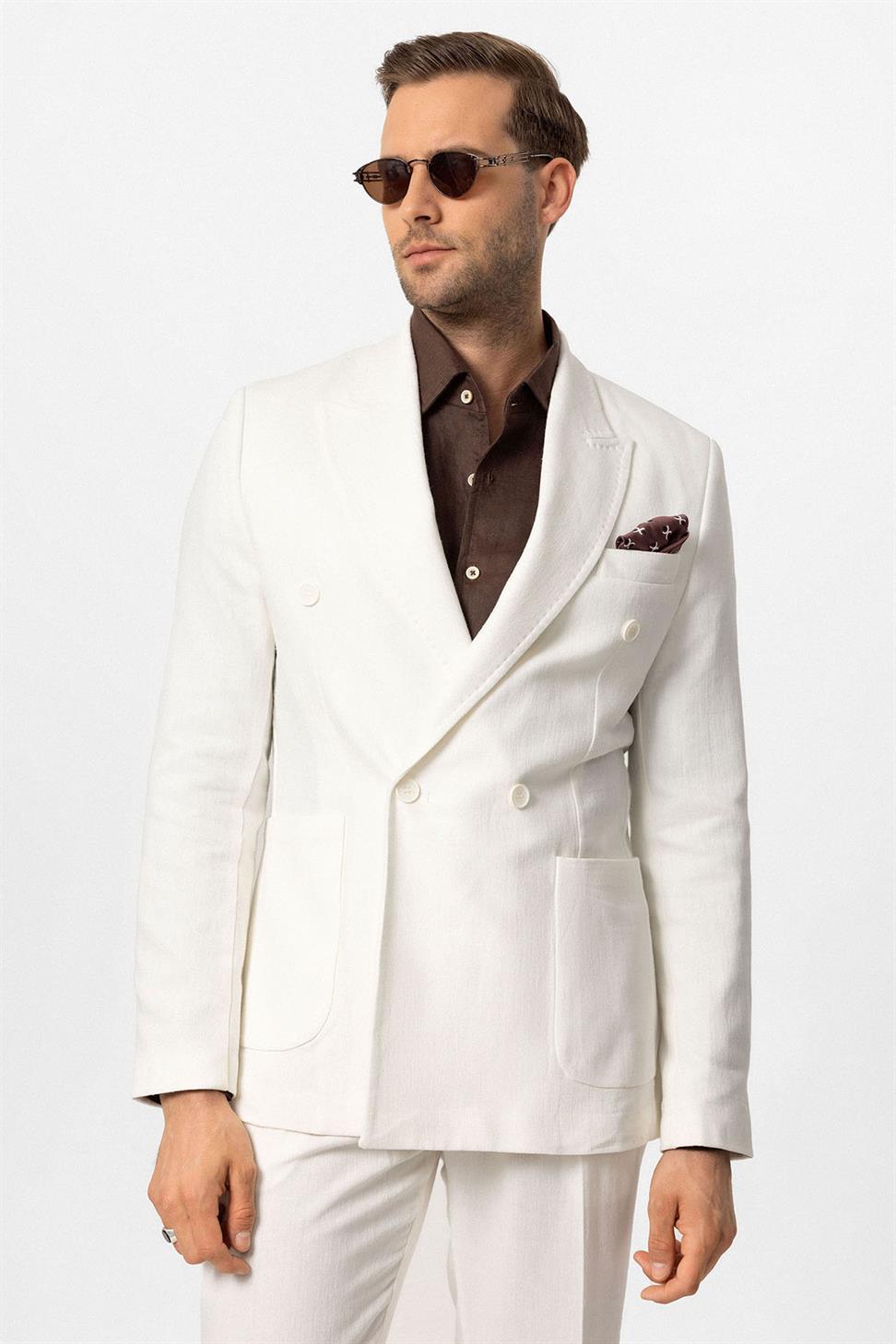 Double-breasted Closure Linen Blend Mens Blazer Jacket