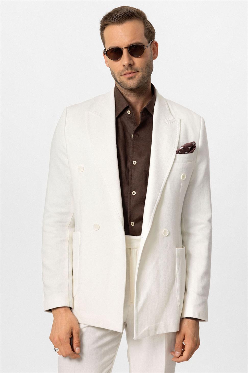 Double-breasted Closure Linen Blend Mens Blazer Jacket