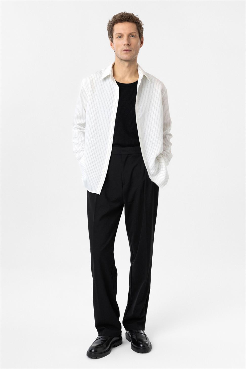 Antioch Beyaz Modal Kumaş Relax Fit Çizgili Erkek Gömlek