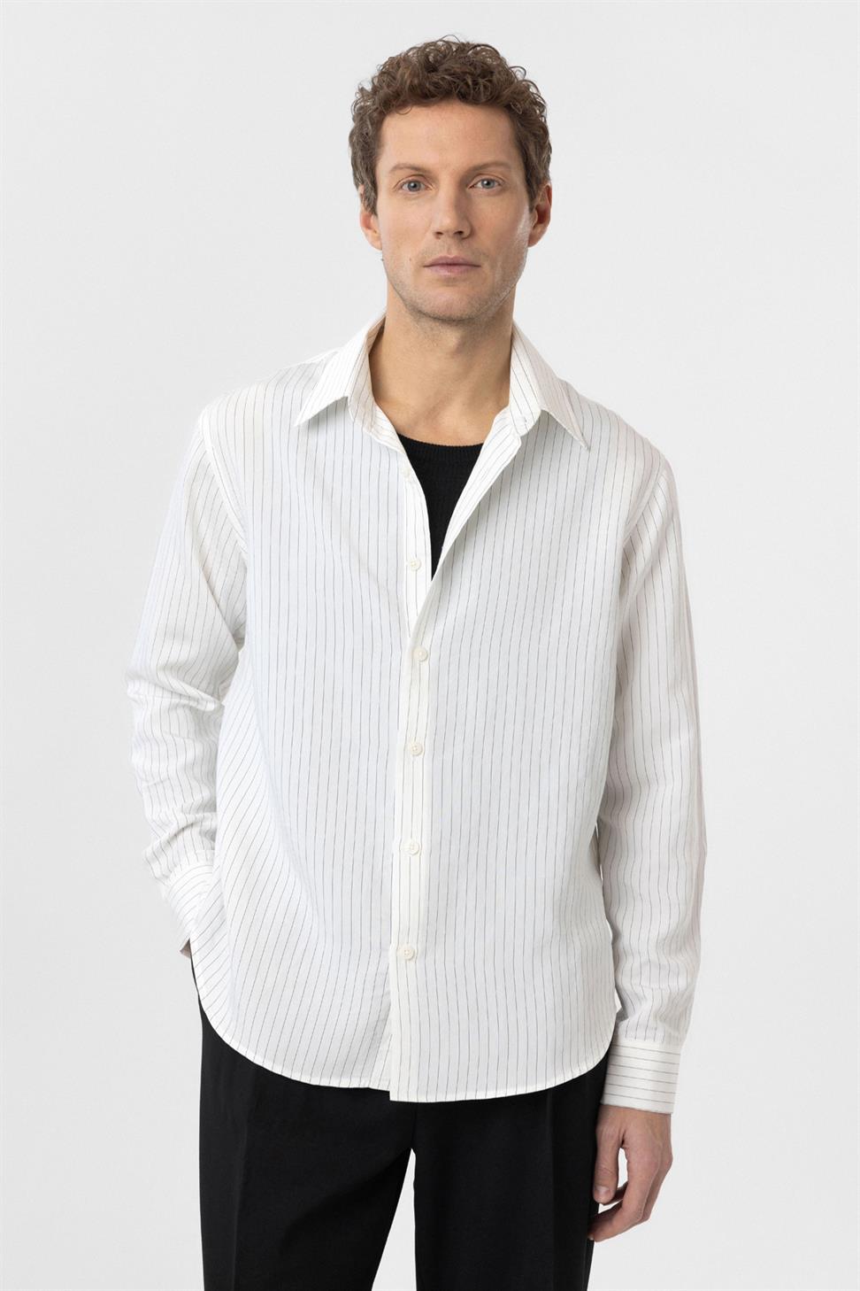 Antioch Beyaz Modal Kumaş Relax Fit Çizgili Erkek Gömlek