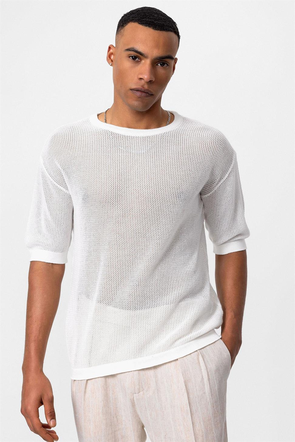 Antioch Beyaz Oversize Ajurlu Erkek T-Shirt