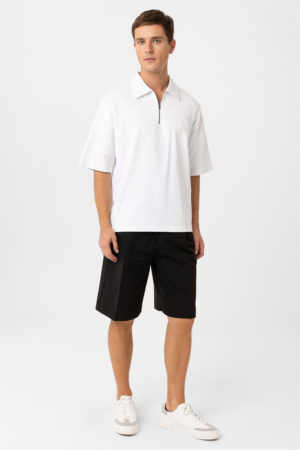 Antioch Beyaz Oversize Polo Yaka Fermuarlı Erkek T-Shirt