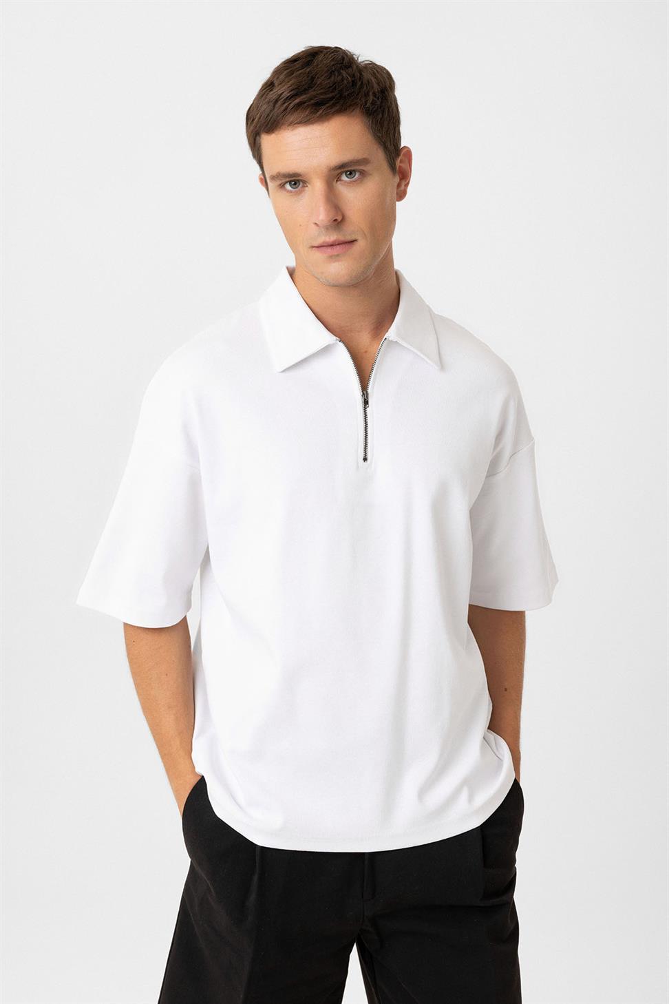 Antioch Beyaz Oversize Polo Yaka Fermuarlı Erkek T-Shirt