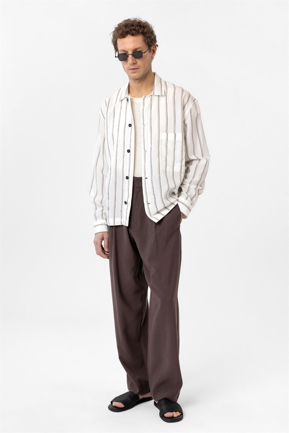 Antioch Beyaz Relax Fit Çizgili Erkek Gömlek