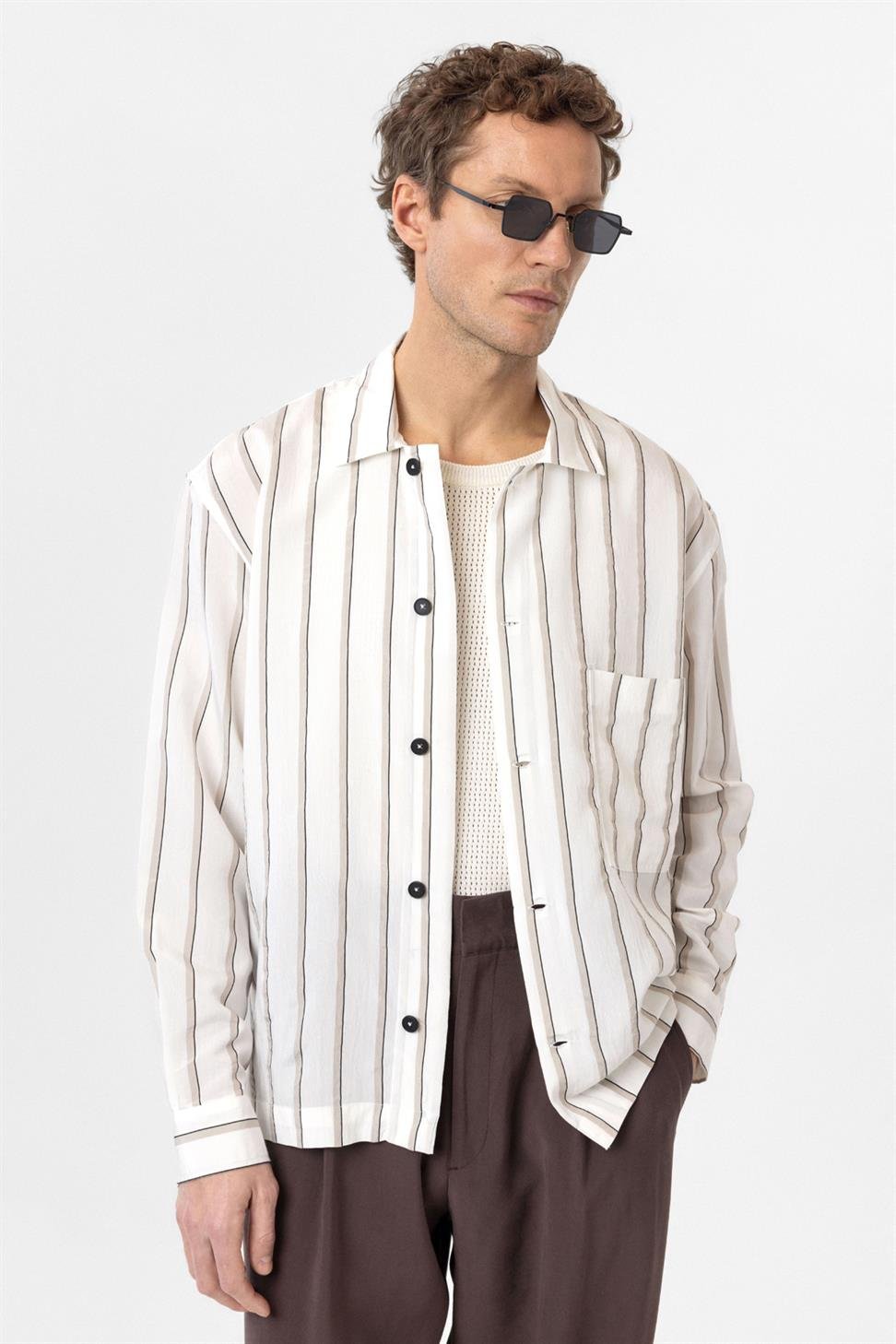 Antioch Beyaz Relax Fit Çizgili Erkek Gömlek