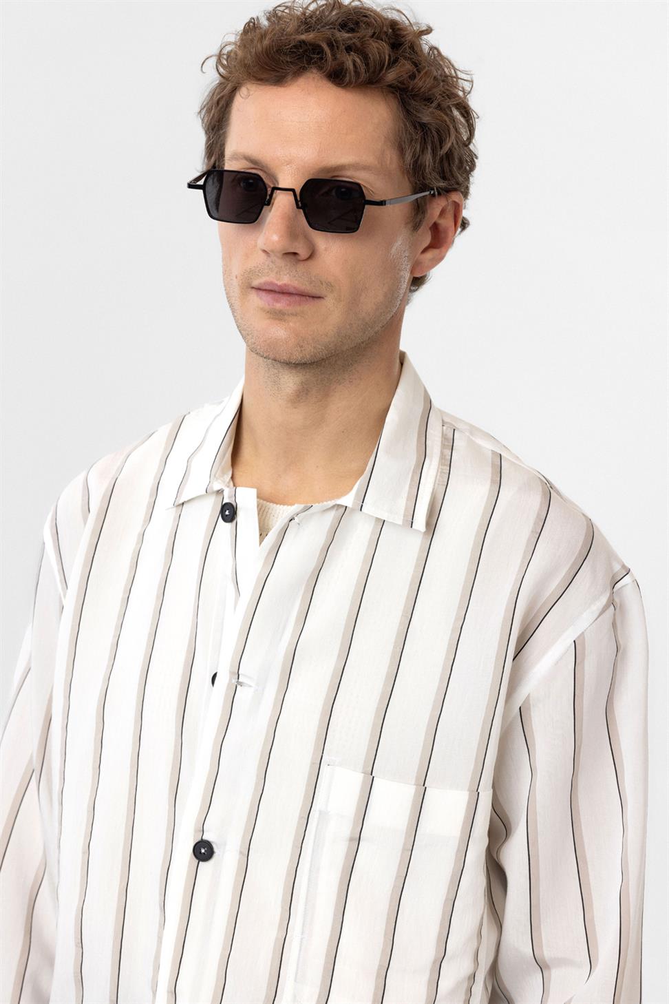 Antioch Beyaz Relax Fit Çizgili Erkek Gömlek