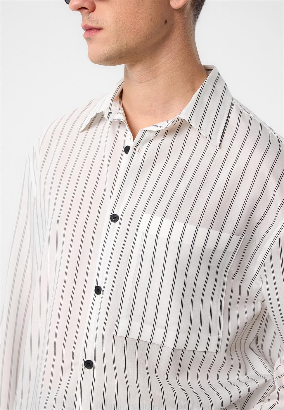 Antioch Beyaz Relax Fit Çizgili Erkek Gömlek