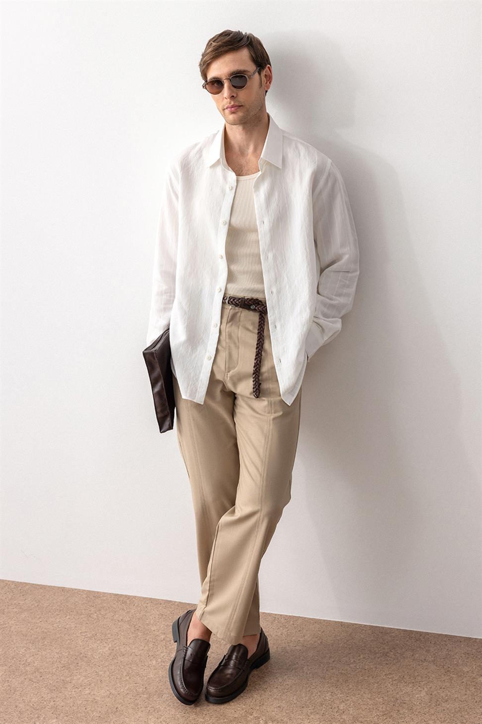 Antioch Beyaz Relax Fit Çizgili Erkek Gömlek