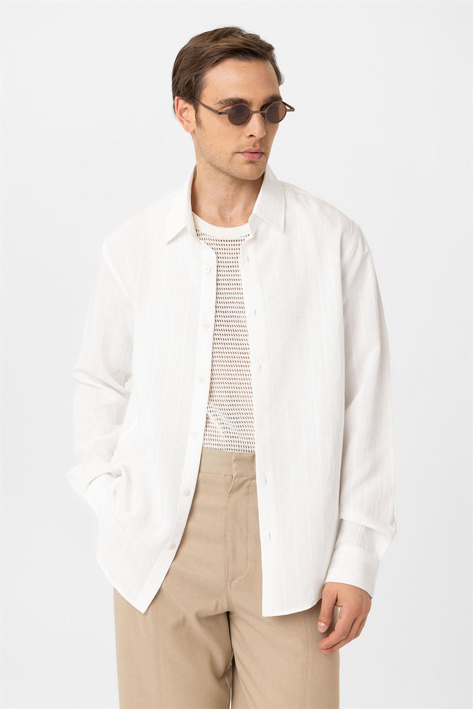 Antioch Beyaz Relax Fit Çizgili Erkek Gömlek