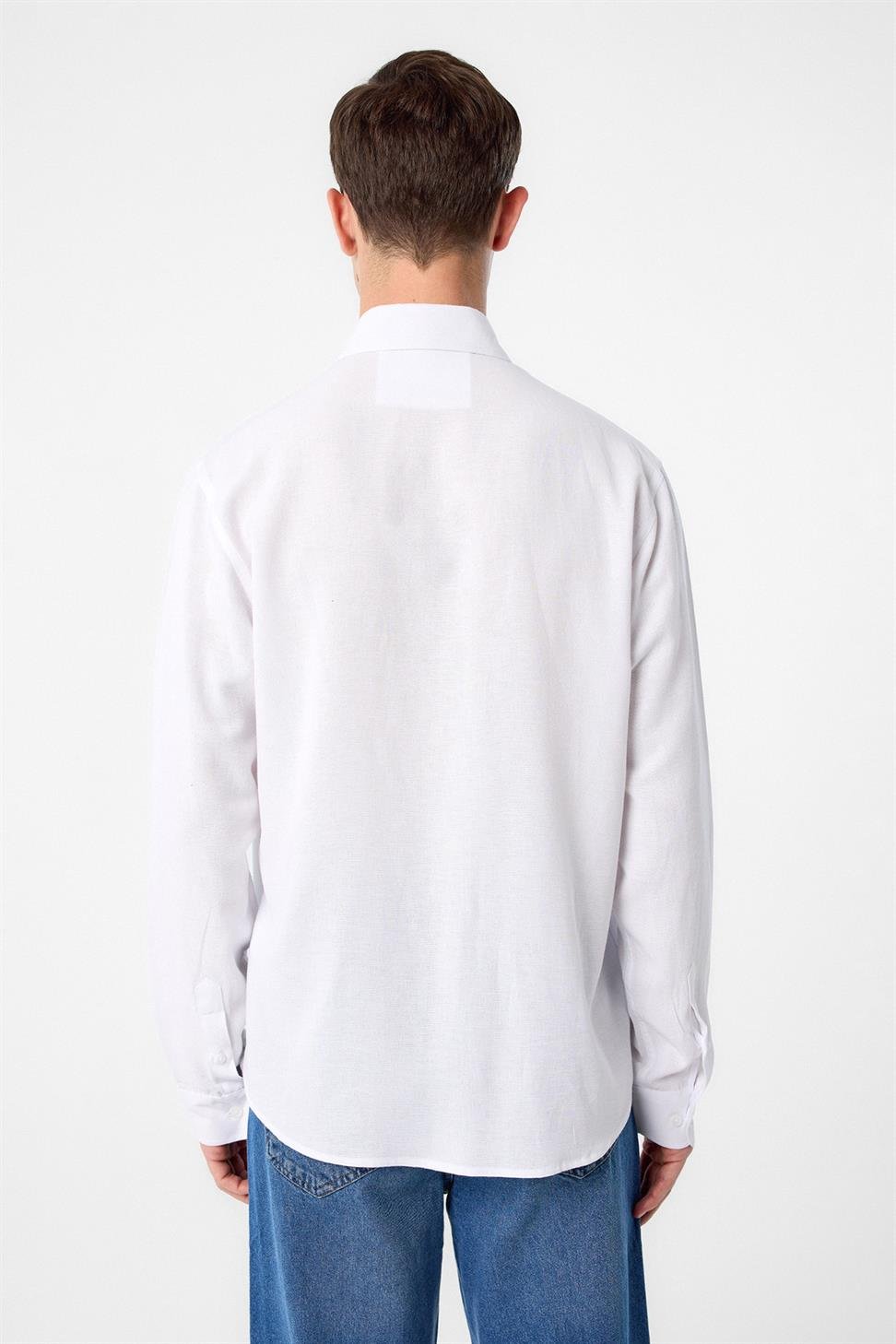 Antioch Beyaz Relax Fit Keten Karışımlı Erkek Gömlek