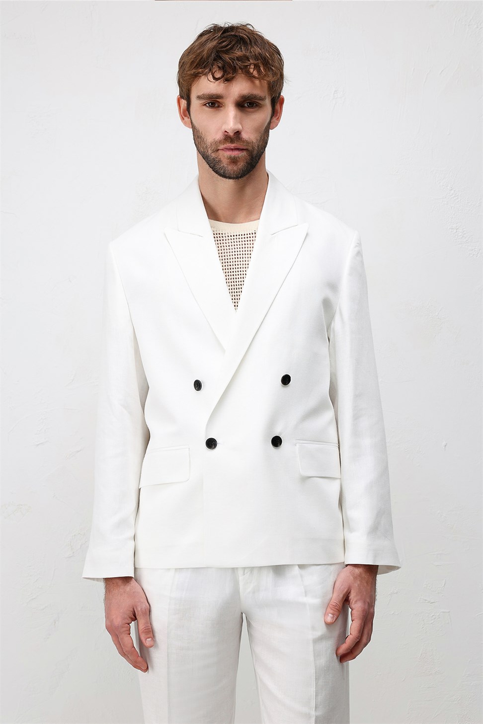 Antioch Beyaz Relax Fit Keten Karışımlı Erkek Blazer Ceket