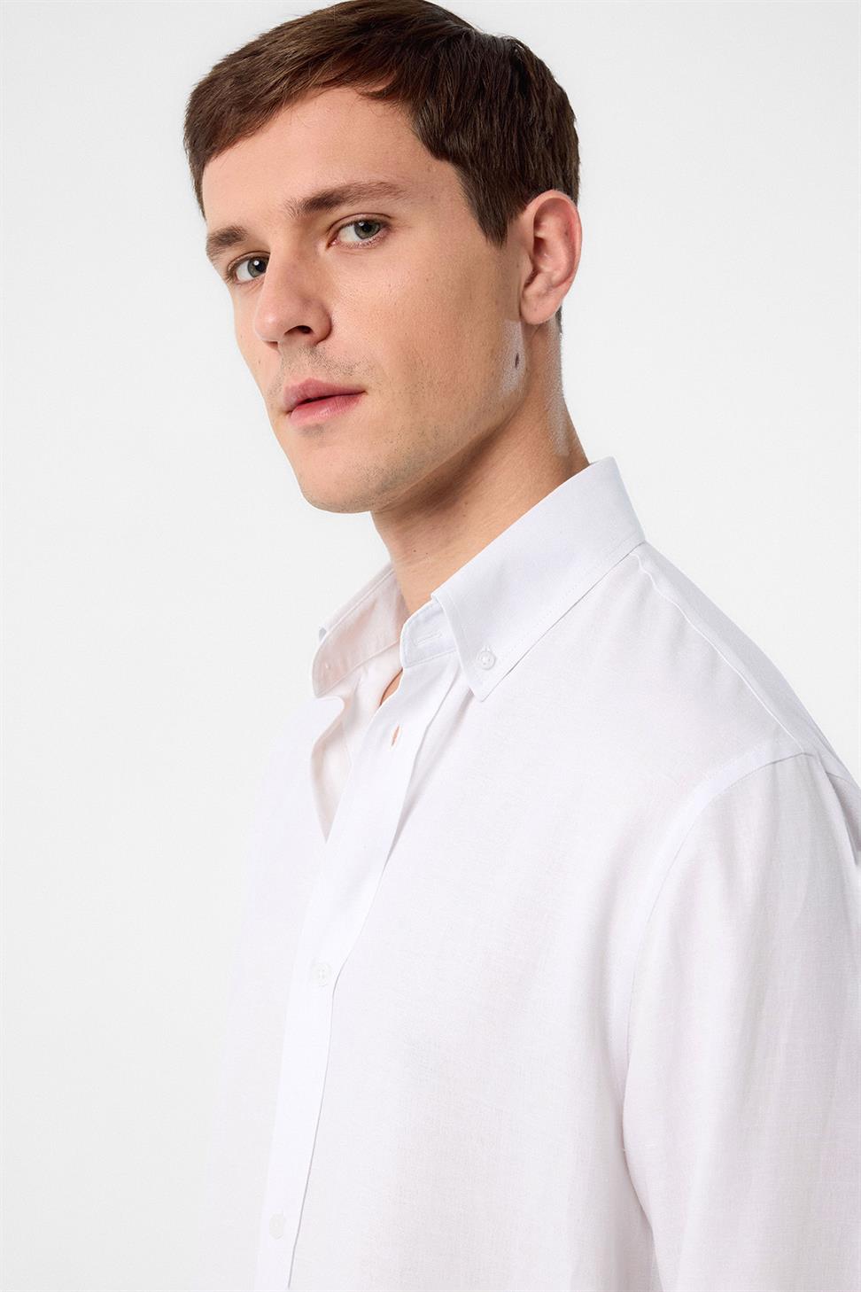 Antioch Beyaz Relax Fit Keten Karışımlı Erkek Gömlek