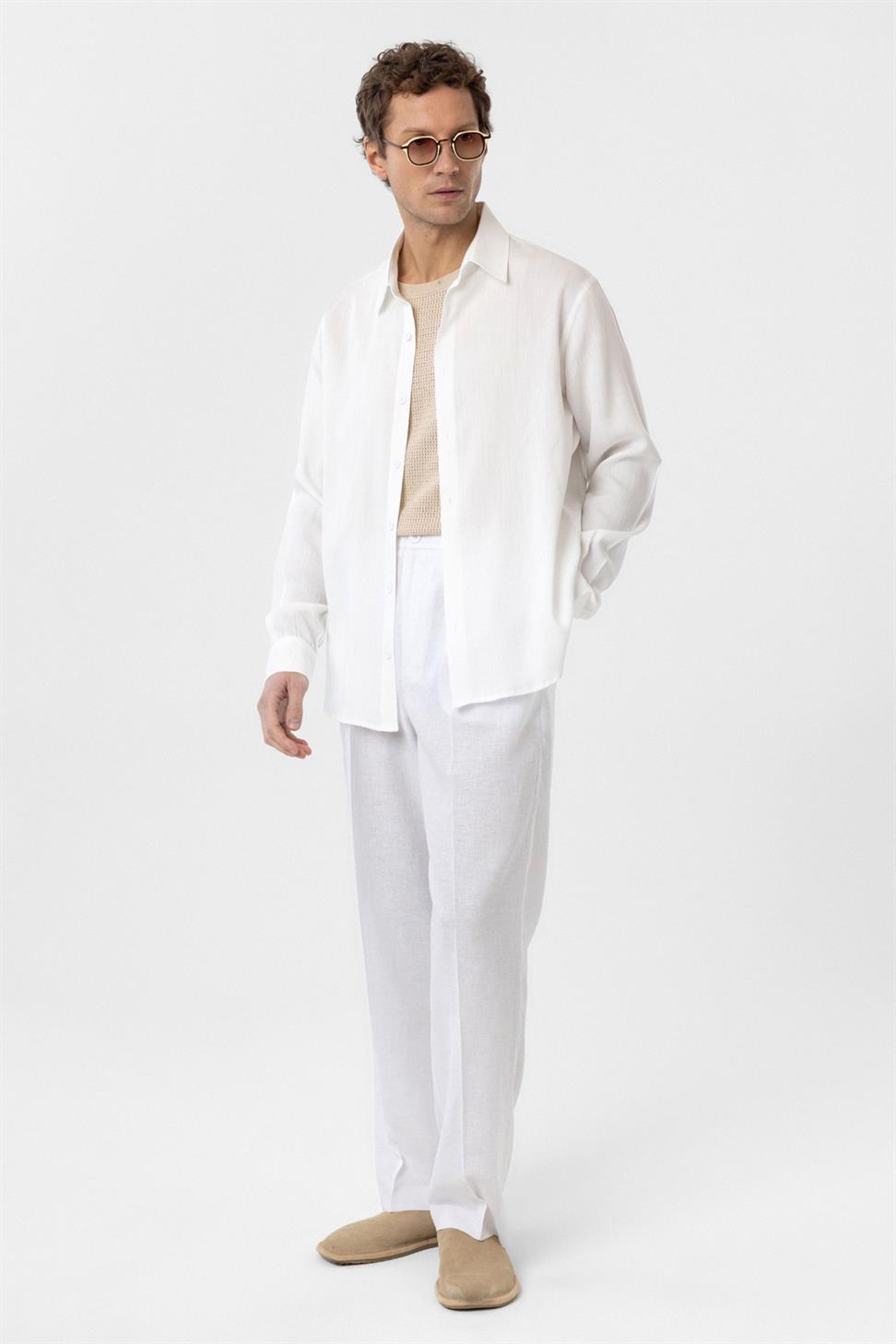 Antioch Beyaz Relax Fit Liyosel Kumaş Erkek Gömlek