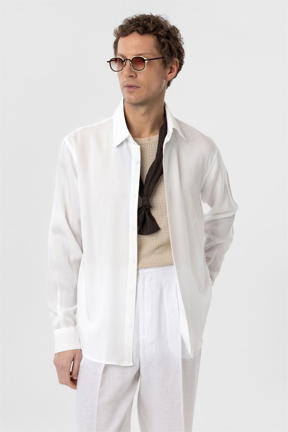 Antioch Beyaz Relax Fit Liyosel Kumaş Erkek Gömlek