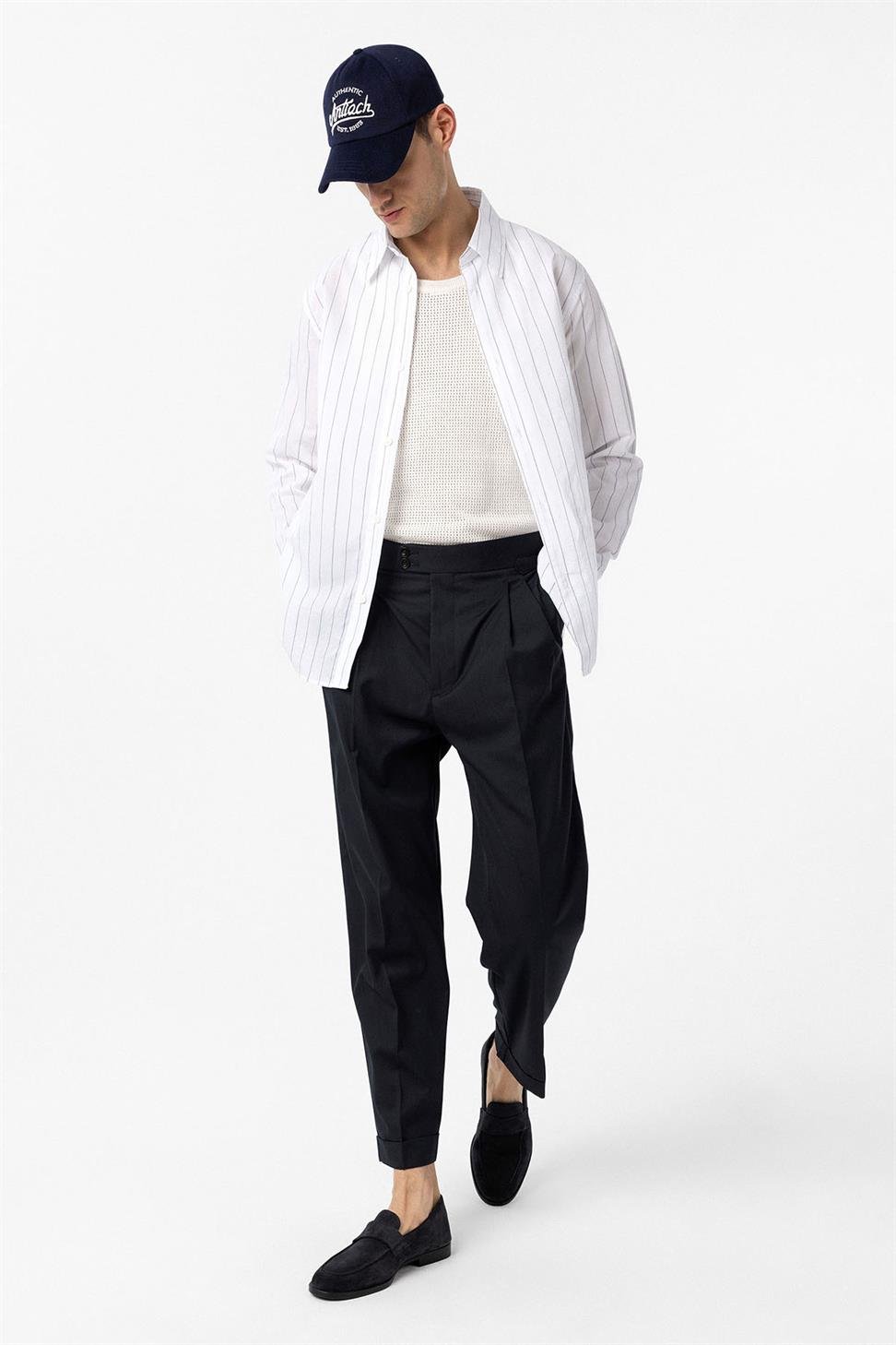 Antioch Beyaz Relaxed Çizgili Erkek Gömlek