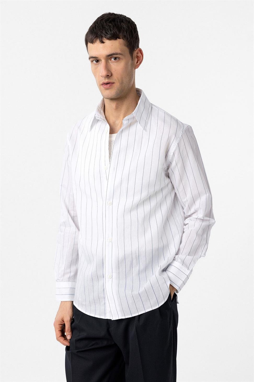 Antioch Beyaz Relaxed Çizgili Erkek Gömlek
