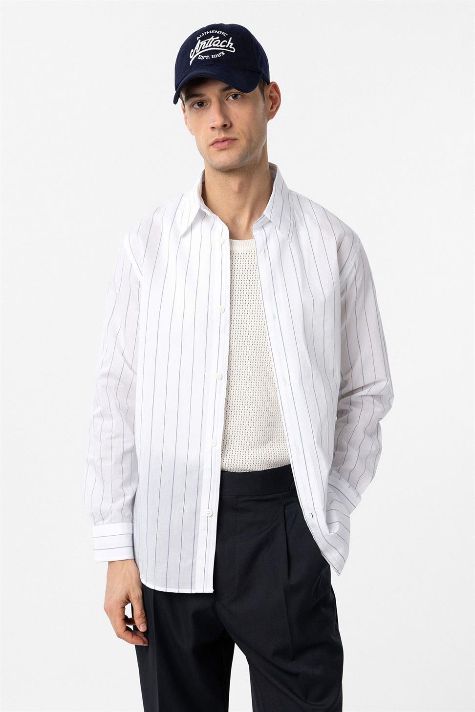 Antioch Beyaz Relaxed Çizgili Erkek Gömlek
