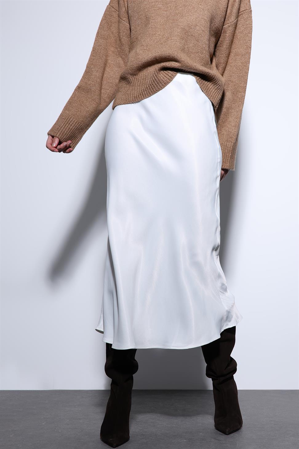 Antioch Beyaz Saten Midi Etek