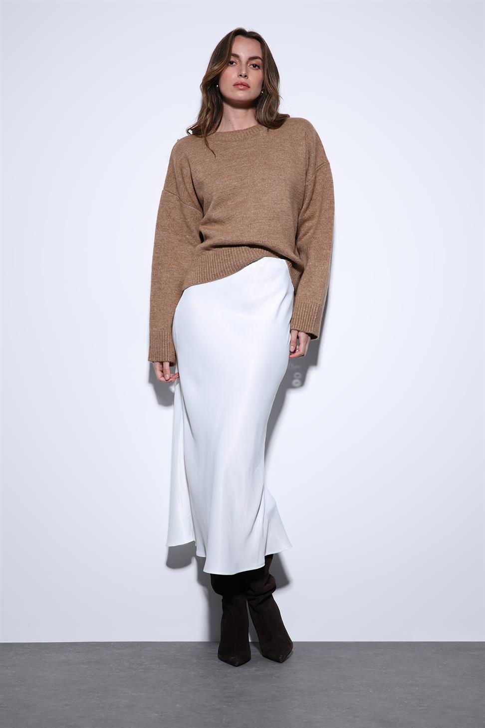 Antioch Beyaz Saten Midi Etek