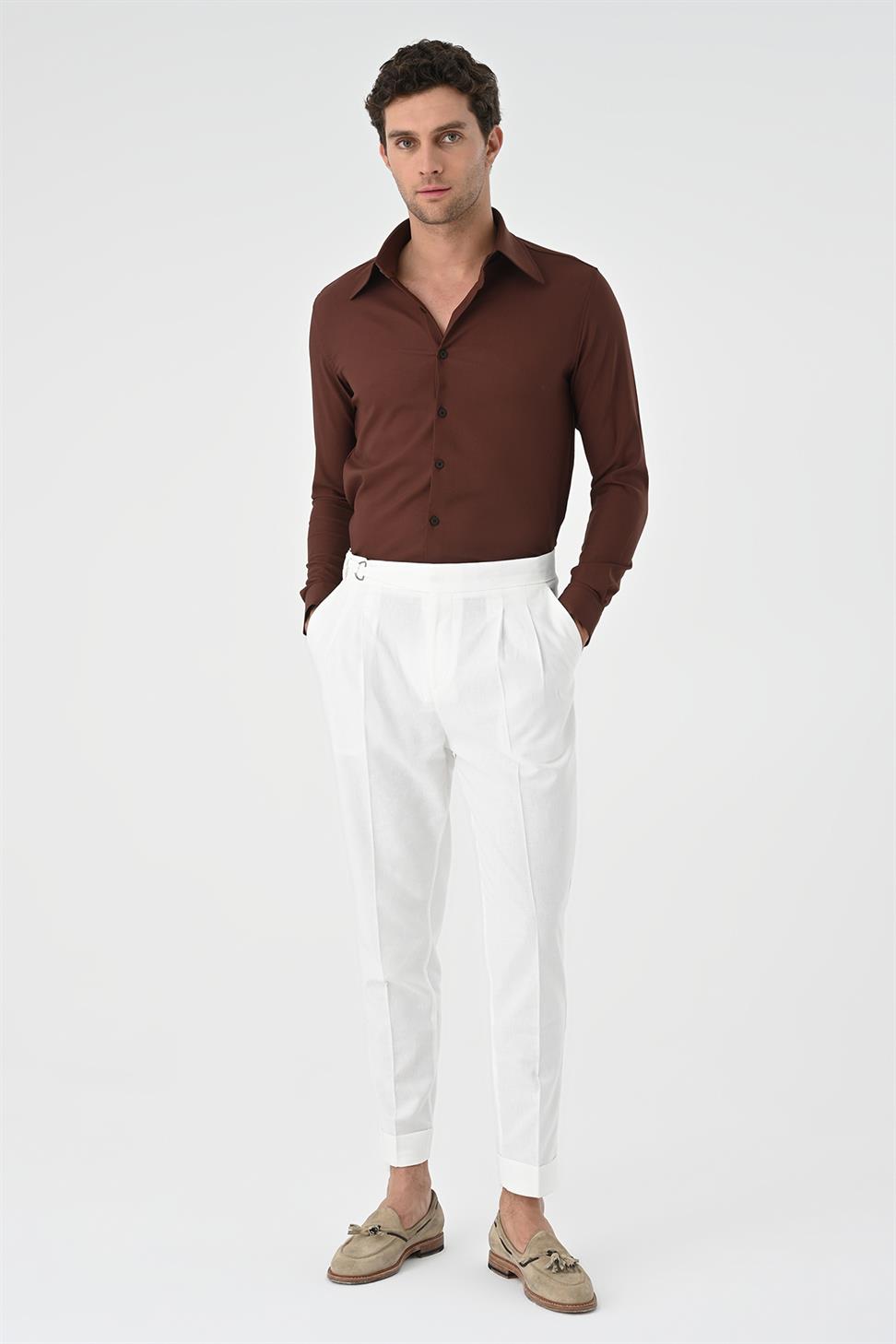 بنطلون رجالي عالي الخصر من مزيج الكتان مطوي