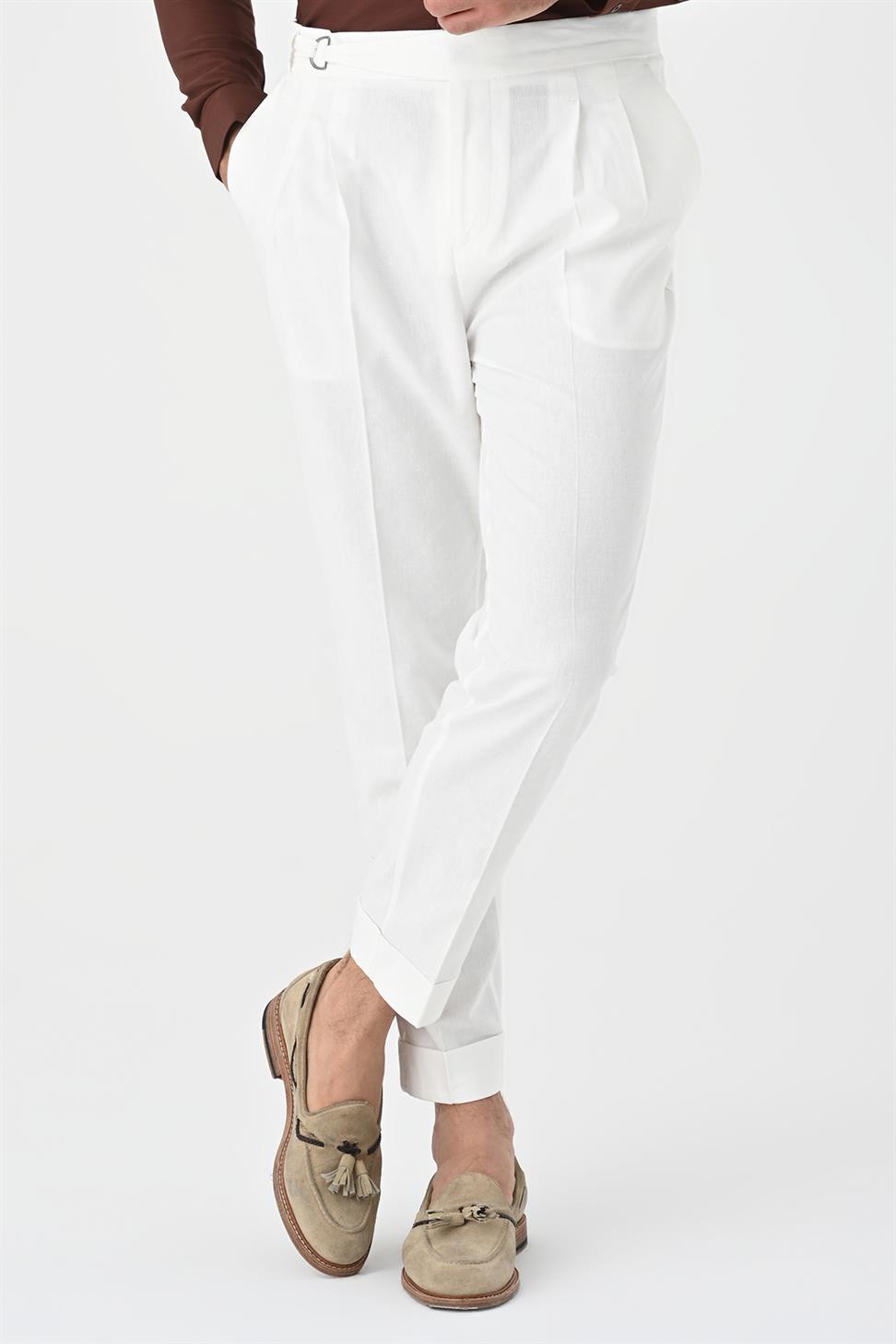 بنطلون رجالي عالي الخصر من مزيج الكتان مطوي