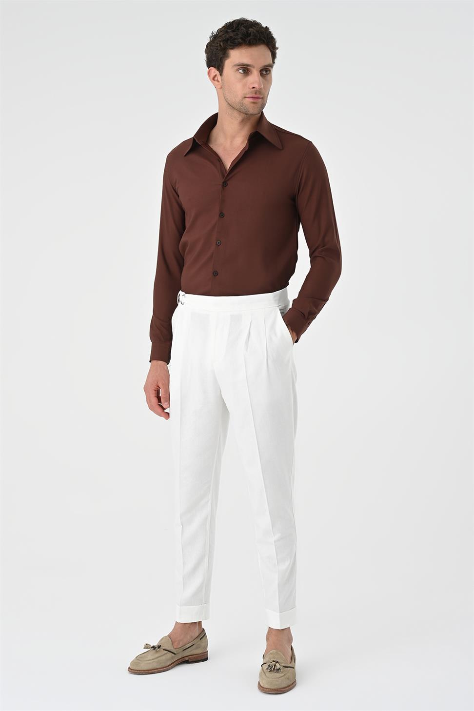 بنطلون رجالي عالي الخصر من مزيج الكتان مطوي