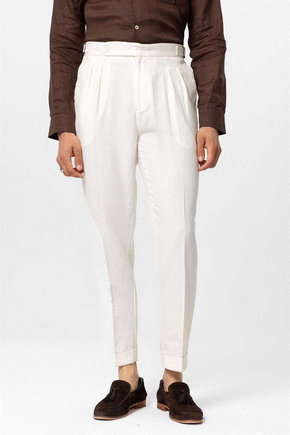 بنطلون رجالي بخصر عالٍ من مزيج الكتان والساقين