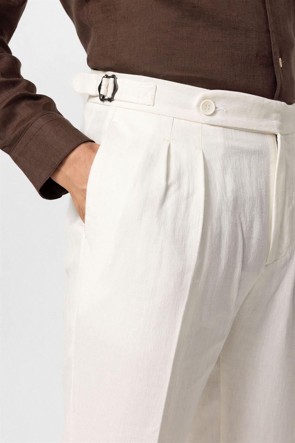 بنطلون رجالي بخصر عالٍ من مزيج الكتان والساقين