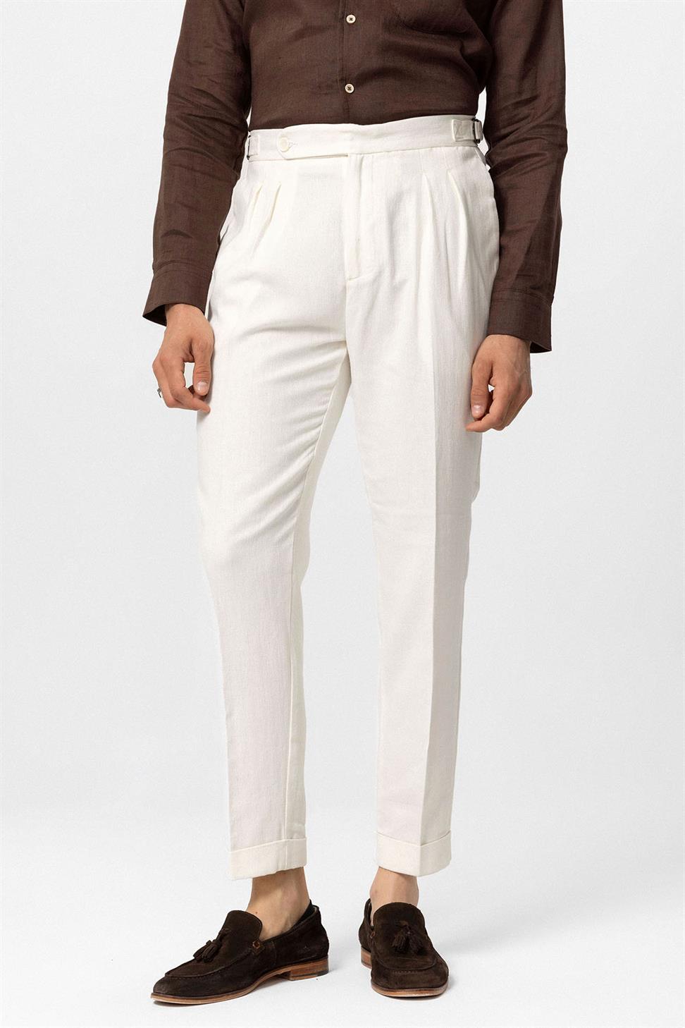بنطلون رجالي بخصر عالٍ من مزيج الكتان والساقين