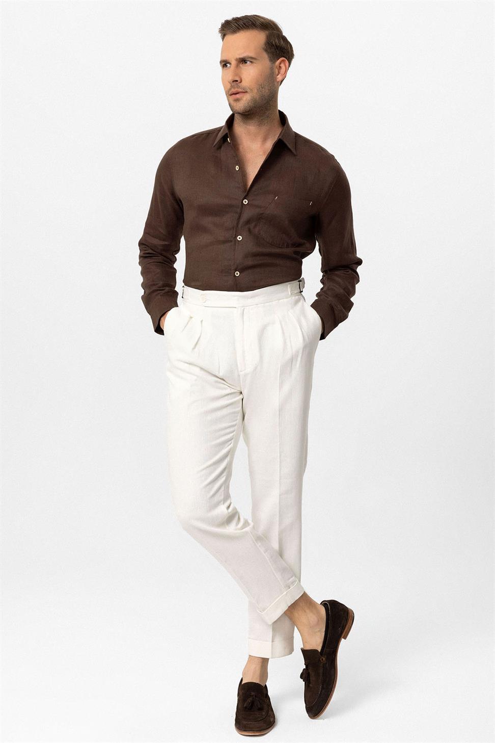 بنطلون رجالي بخصر عالٍ من مزيج الكتان والساقين