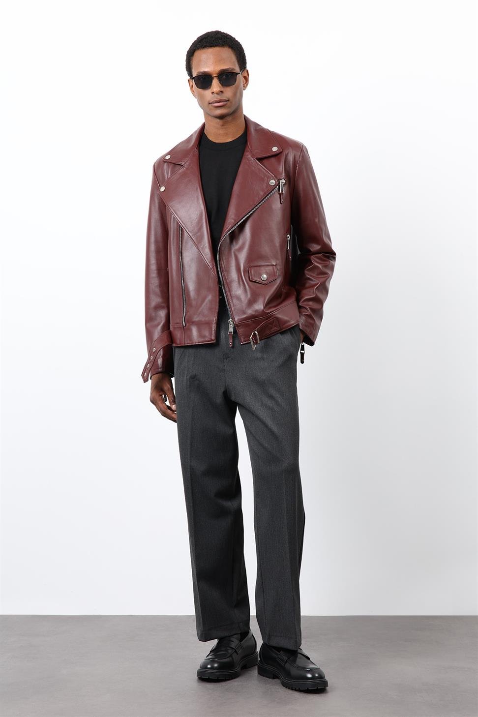 Antioch Bordo 100% Deri Biker Ceket