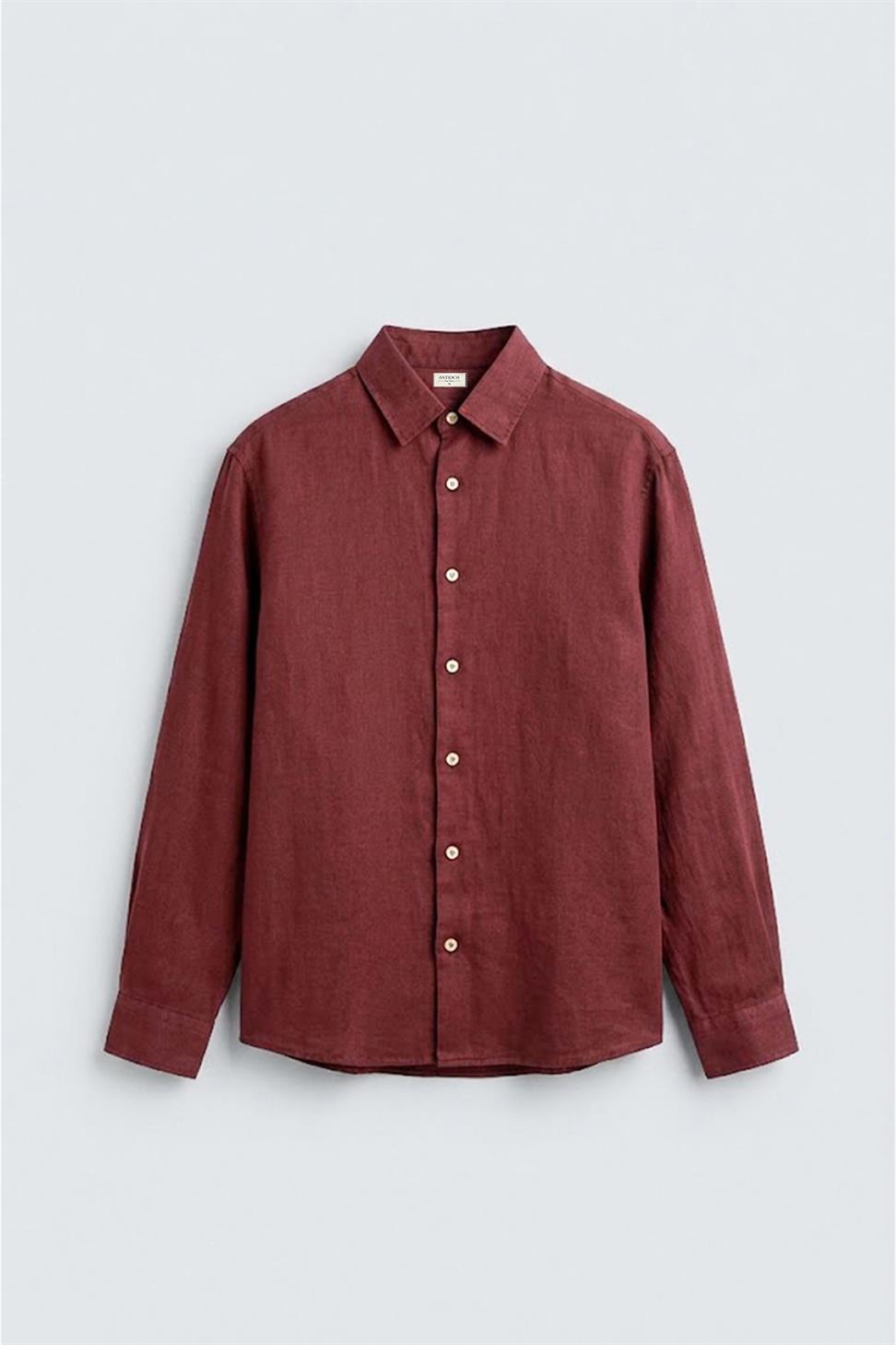 Antioch Bordo 100% Keten Relax Fit Erkek Gömlek