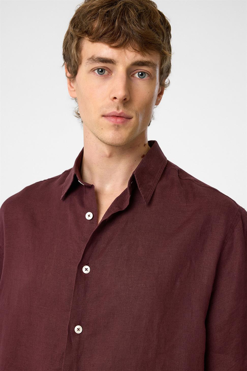Antioch Bordo 100% Keten Relaxed Erkek Gömlek