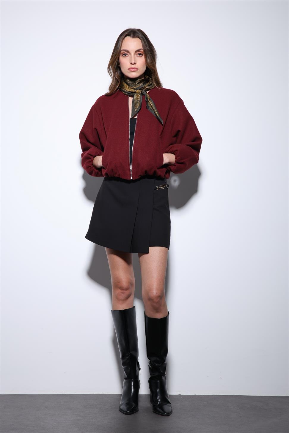 Antioch Bordo Bel Lastikli Crop Kadın Mont