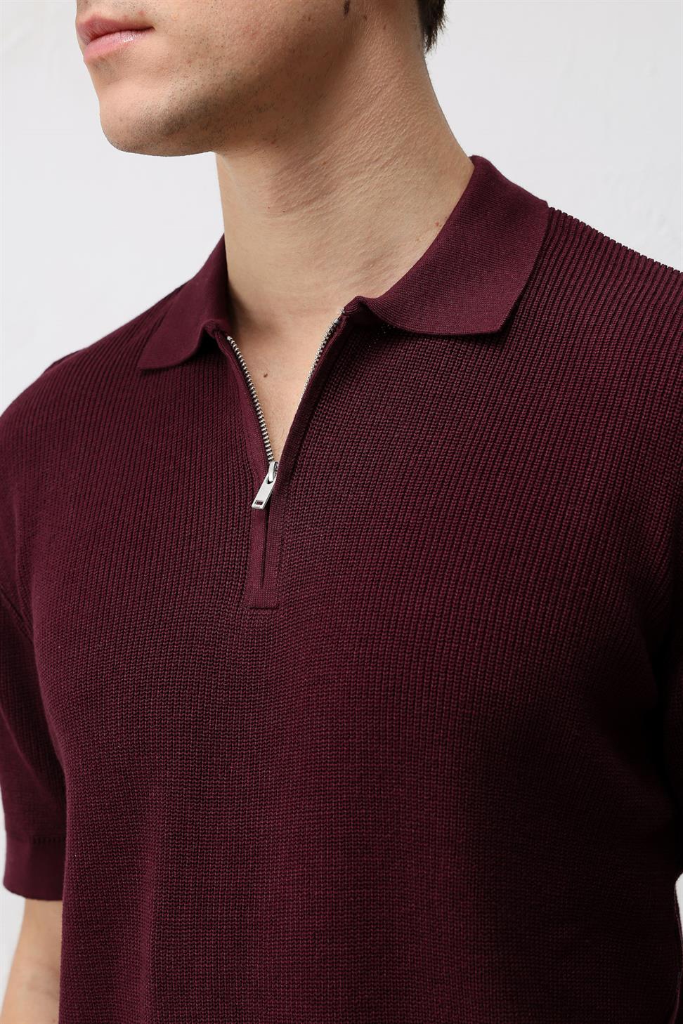 Antioch Bordo Comfort Slim Fermuarlı Erkek Triko T-Shirt