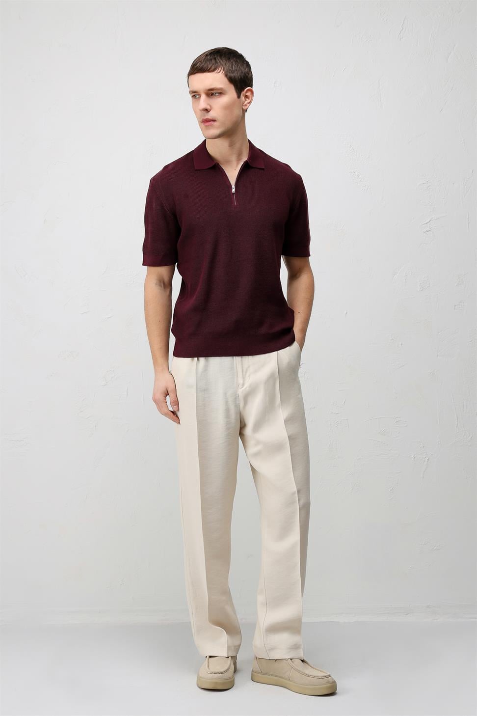 Antioch Bordo Comfort Slim Fermuarlı Erkek Triko T-Shirt