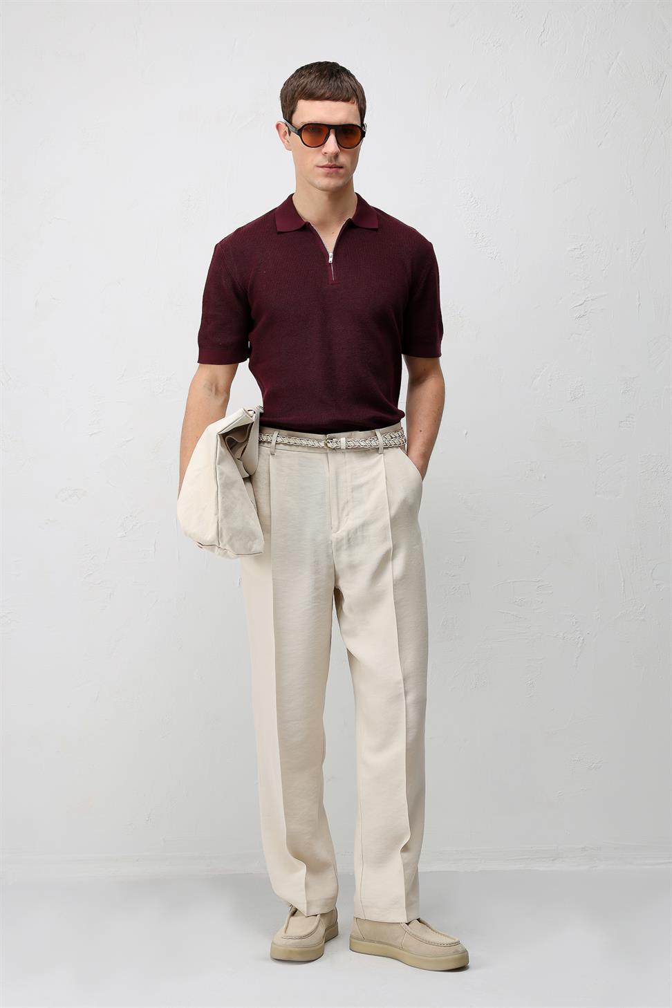 Antioch Bordo Comfort Slim Fermuarlı Erkek Triko T-Shirt