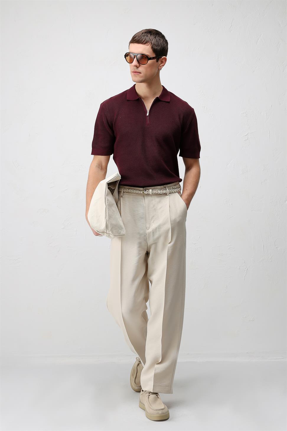 Antioch Bordo Comfort Slim Fermuarlı Erkek Triko T-Shirt