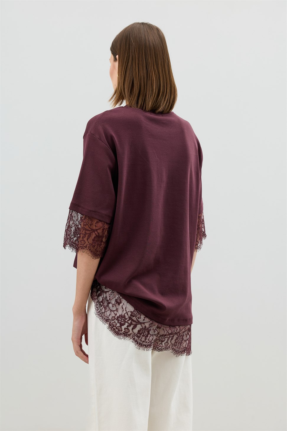Antioch Bordo Dantel Detaylı Kadın T-Shirt