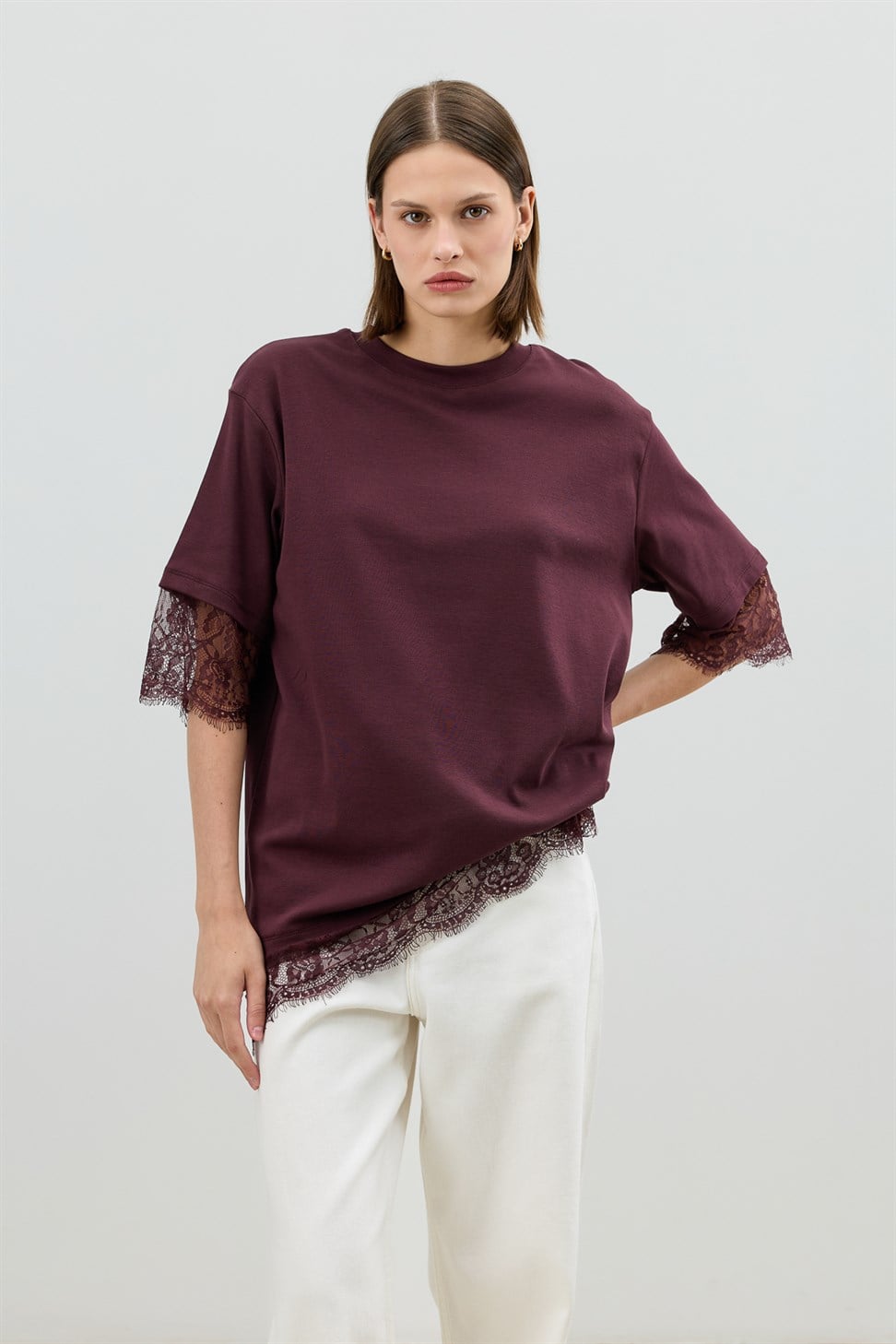 Antioch Bordo Dantel Detaylı Kadın T-Shirt