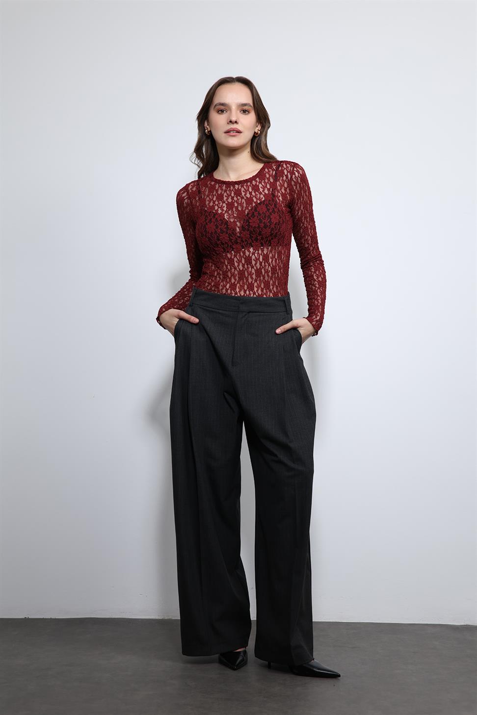 Antioch Bordo Dantel Detaylı Transparan Bluz