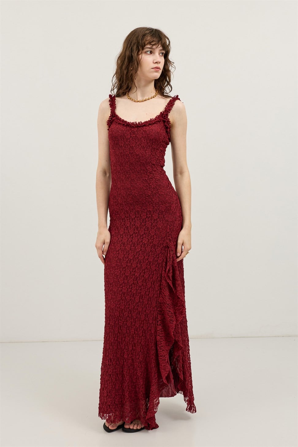 Antioch Bordo Dantelli Midi Elbise