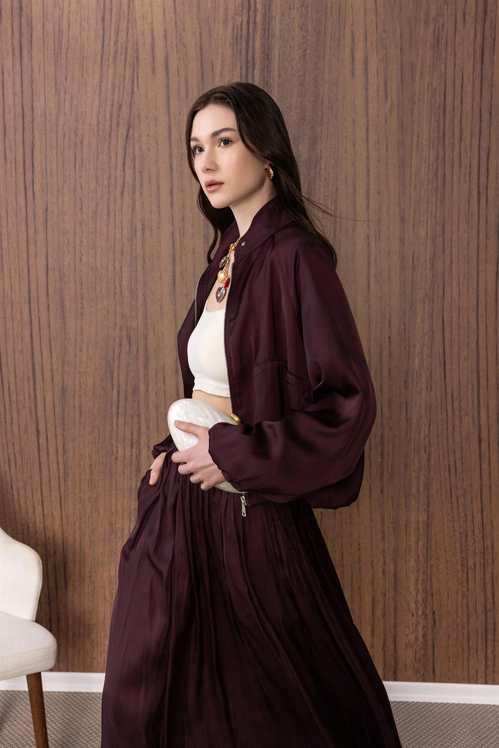 Antioch Bordo Dik Yaka İnce Kadın Bomber Ceket