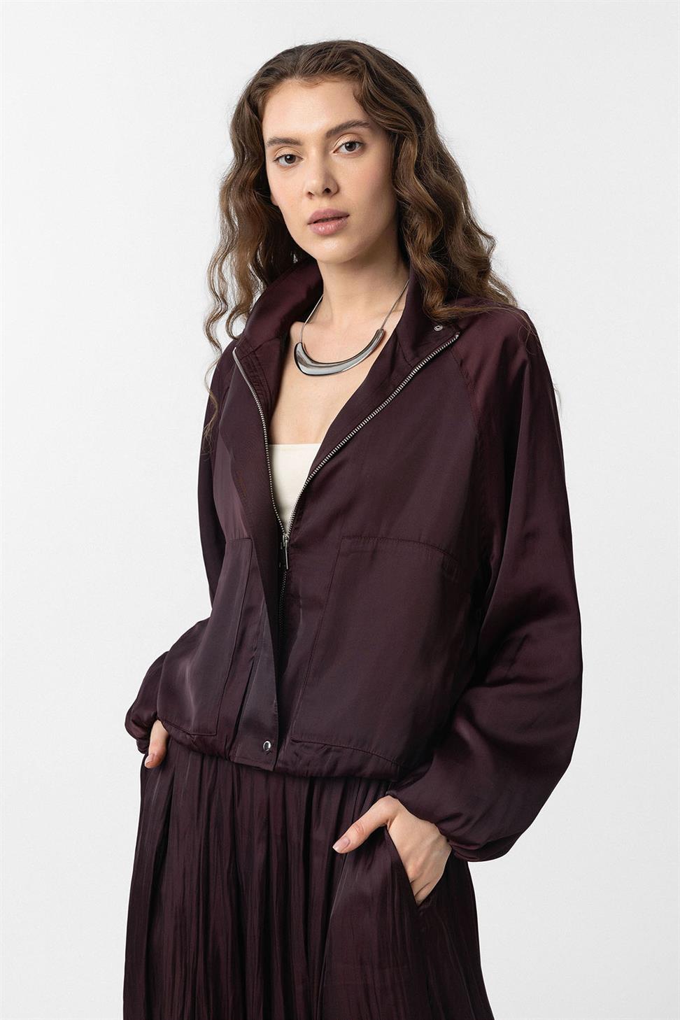 Antioch Bordo Dik Yaka İnce Kadın Bomber Ceket