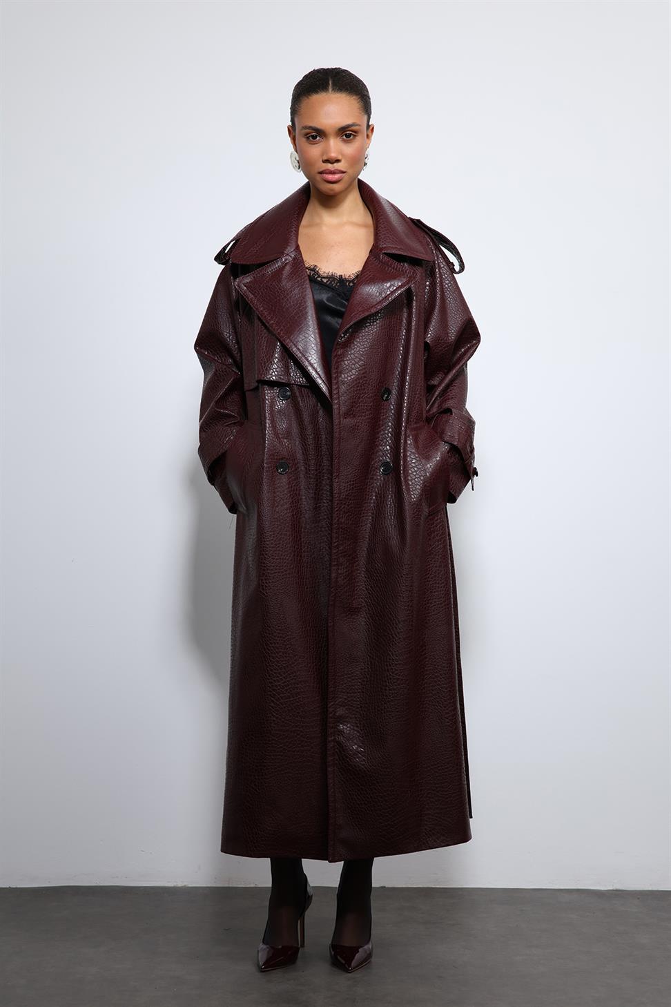 Antioch Bordo Dokulu Suni Deri Trençkot