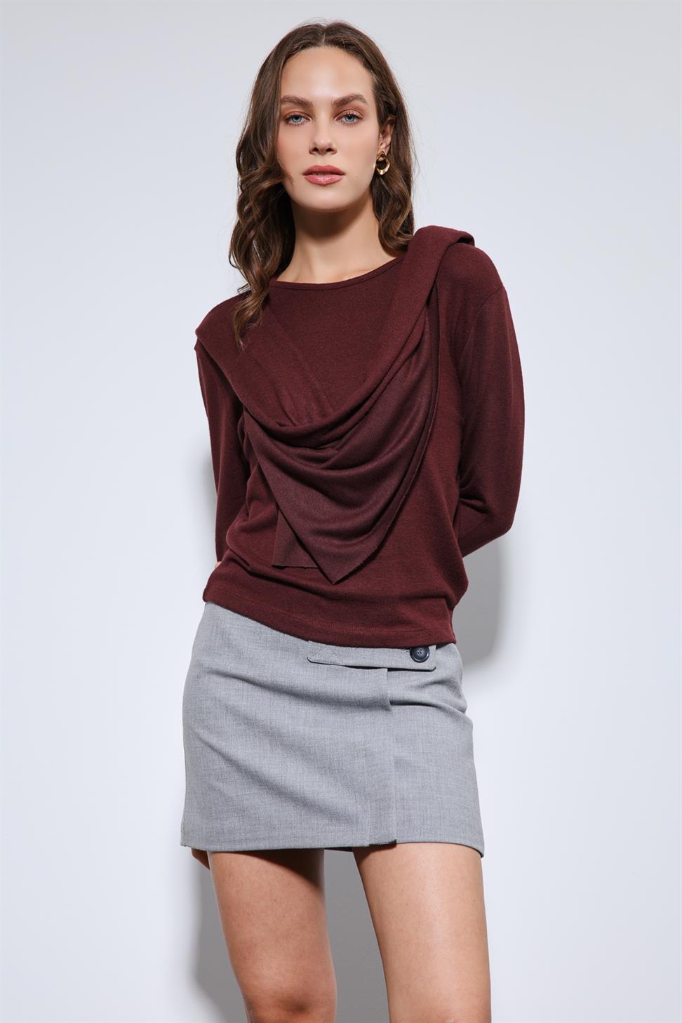 Antioch Bordo Drapeli Şal Detaylı Top