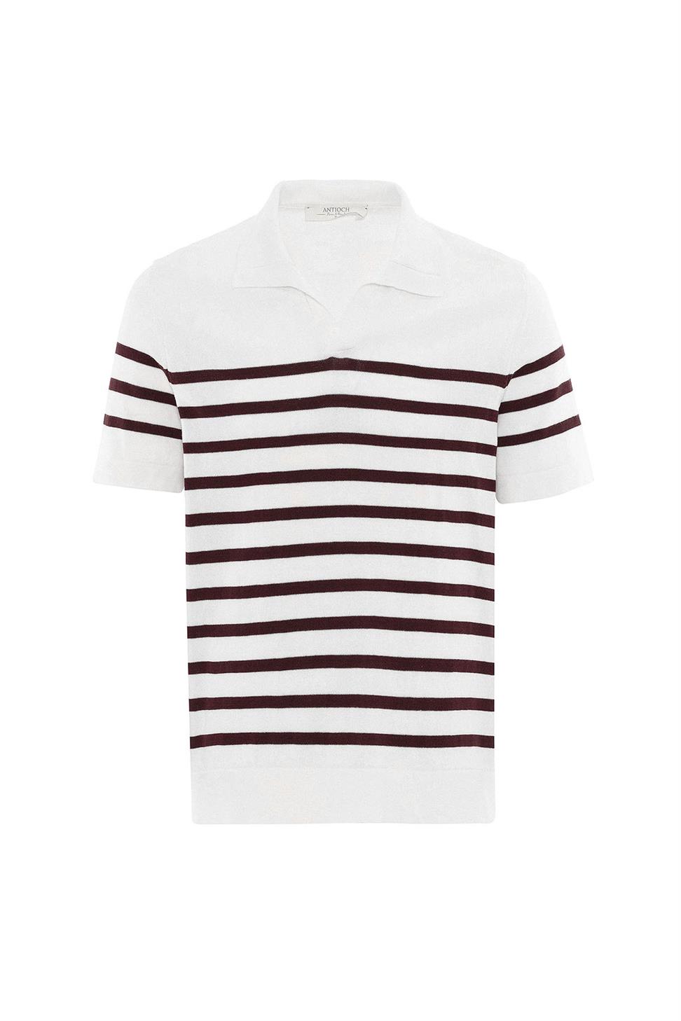 Antioch Bordo-Ekru Polo Yaka Çizgili Erkek Triko T-Shirt