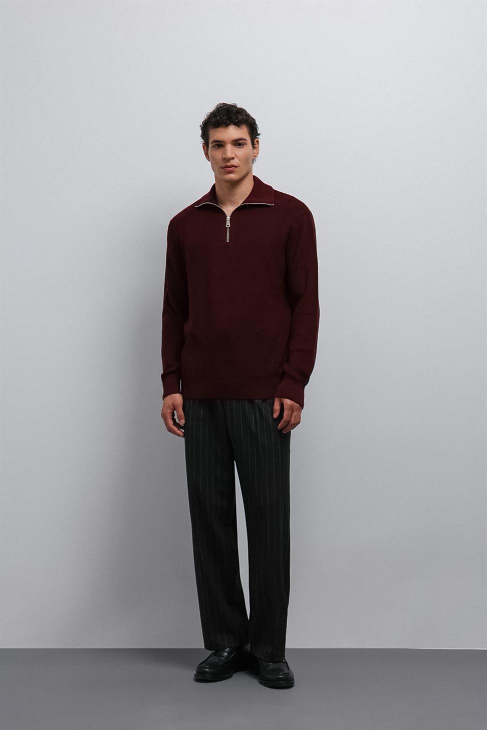 Antioch Bordo Fermuarlı Triko Erkek Kazak